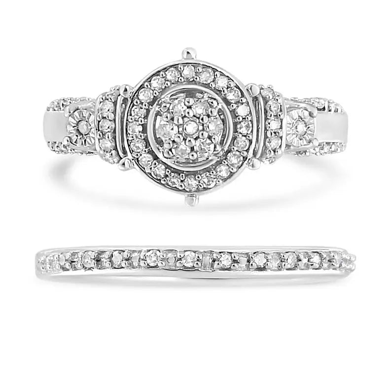 .925 Sterling Silver 1/3 Cttw Diamond 7 Stone Cluster and Halo Engagement Ring and Wedding Band Set (I-J Color, I1-I2 Clarity) Luxcom