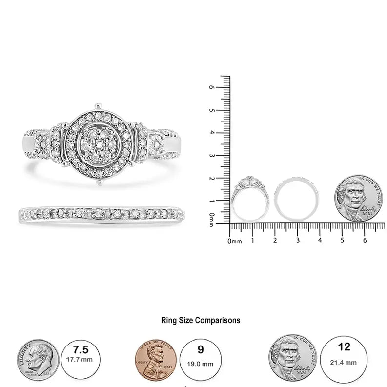 .925 Sterling Silver 1/3 Cttw Diamond 7 Stone Cluster and Halo Engagement Ring and Wedding Band Set (I-J Color, I1-I2 Clarity) Luxcom