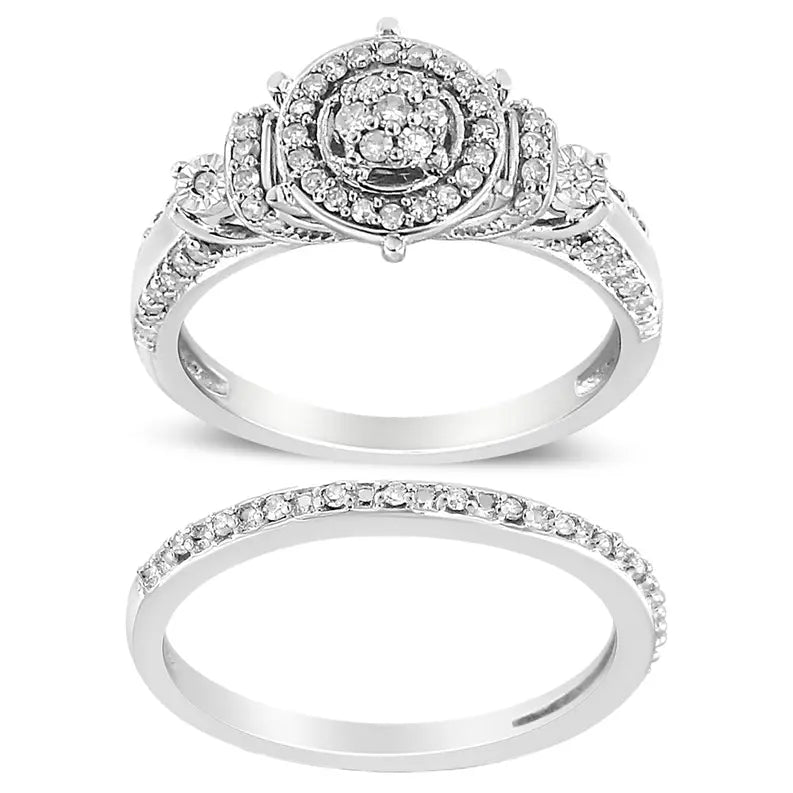 .925 Sterling Silver 1/3 Cttw Diamond 7 Stone Cluster and Halo Engagement Ring and Wedding Band Set (I-J Color, I1-I2 Clarity) Luxcom