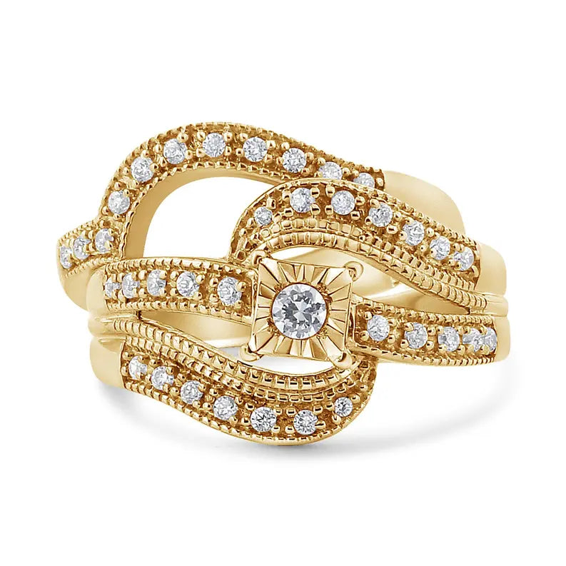 .925 Sterling Silver 1/3 Cttw Round Diamond Crisscross Engagement Ring Bridal Set (H-I Color, I1-I2 Clarity ) Luxcom