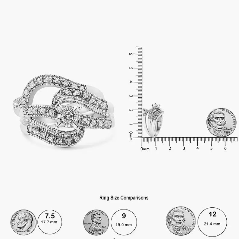 .925 Sterling Silver 1/3 Cttw Round Diamond Crisscross Engagement Ring Bridal Set (H-I Color, I1-I2 Clarity ) Luxcom