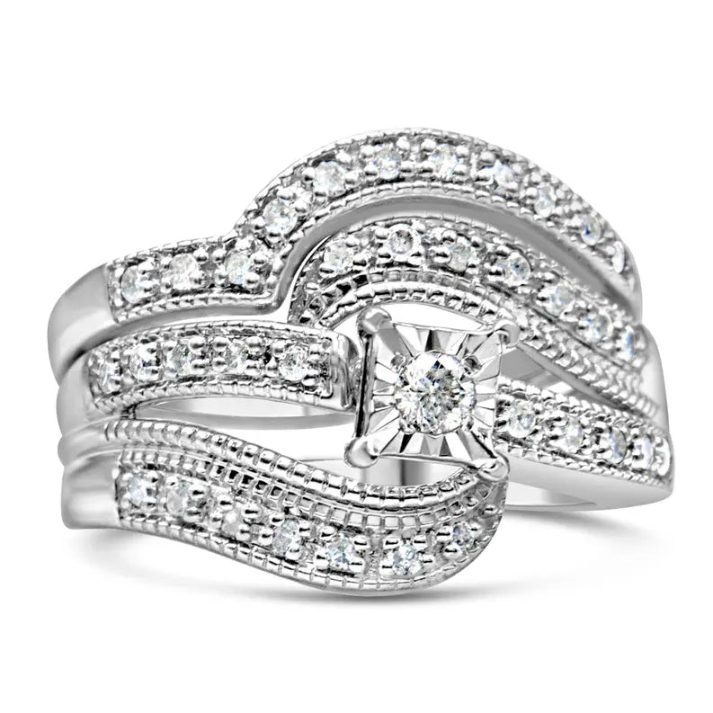 .925 Sterling Silver 1/3 Cttw Round Diamond Crisscross Engagement Ring Bridal Set (H-I Color, I1-I2 Clarity ) Luxcom