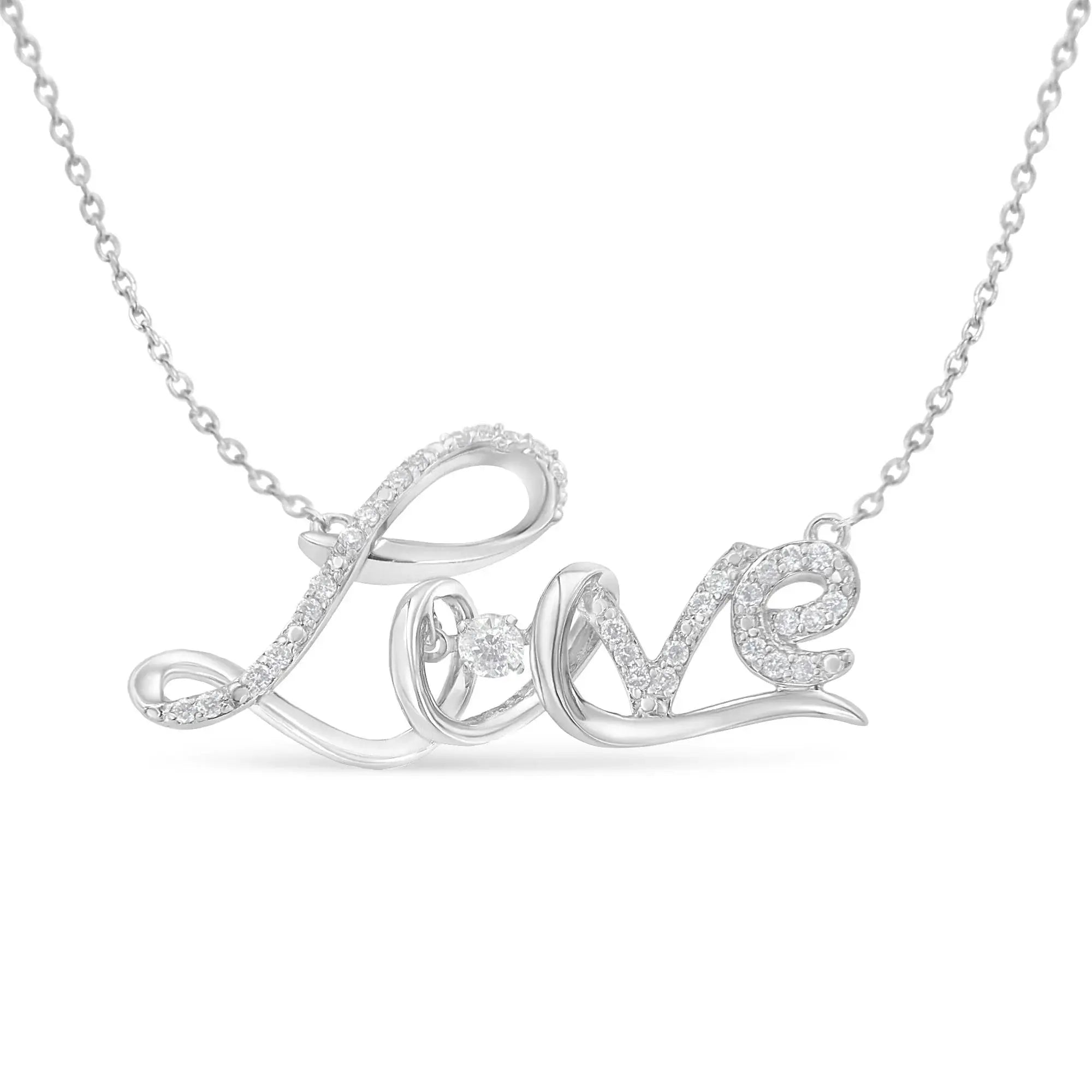 .925 Sterling Silver 1/4 Cttw Diamond Cursive "Love" 18" Pendant Necklace (H-I Color, I1-I2 Clarity) Infinite Jewels