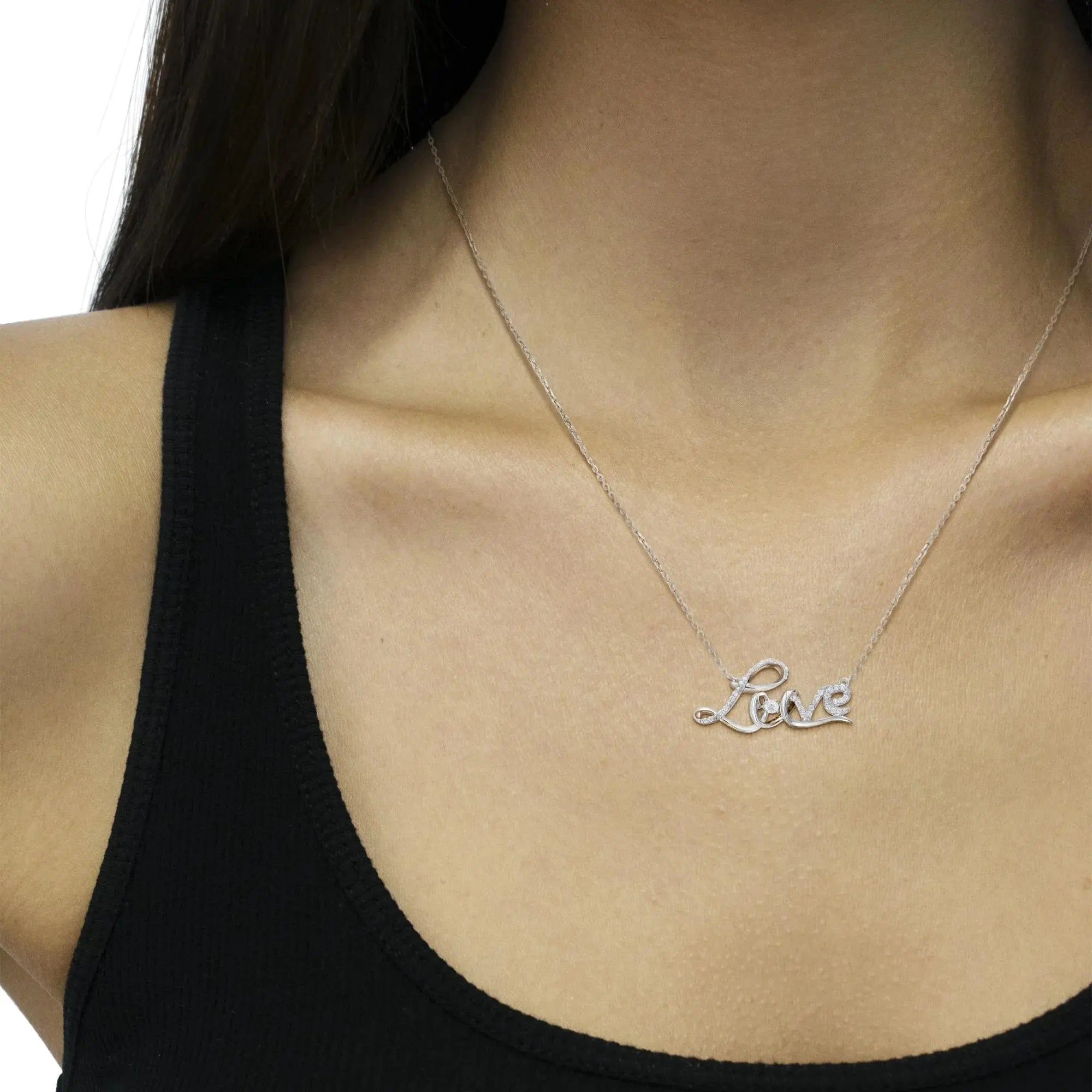 .925 Sterling Silver 1/4 Cttw Diamond Cursive "Love" 18" Pendant Necklace (H-I Color, I1-I2 Clarity) Infinite Jewels