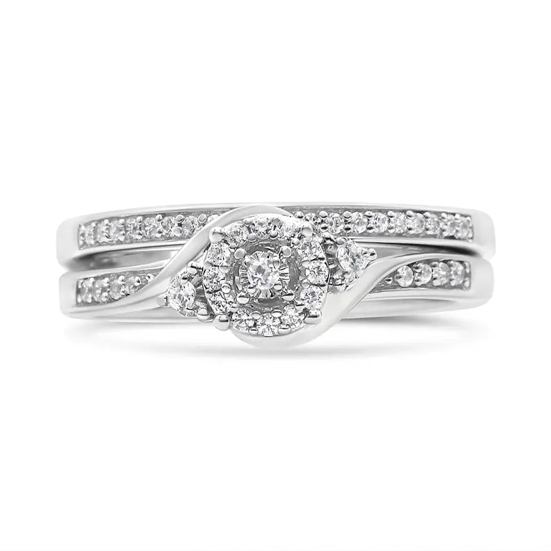 .925 Sterling Silver 1/4 Cttw Diamond Halo and Swirl Engagement Ring and Wedding Band Set (I-J Color, I3 Clarity) Luxcom