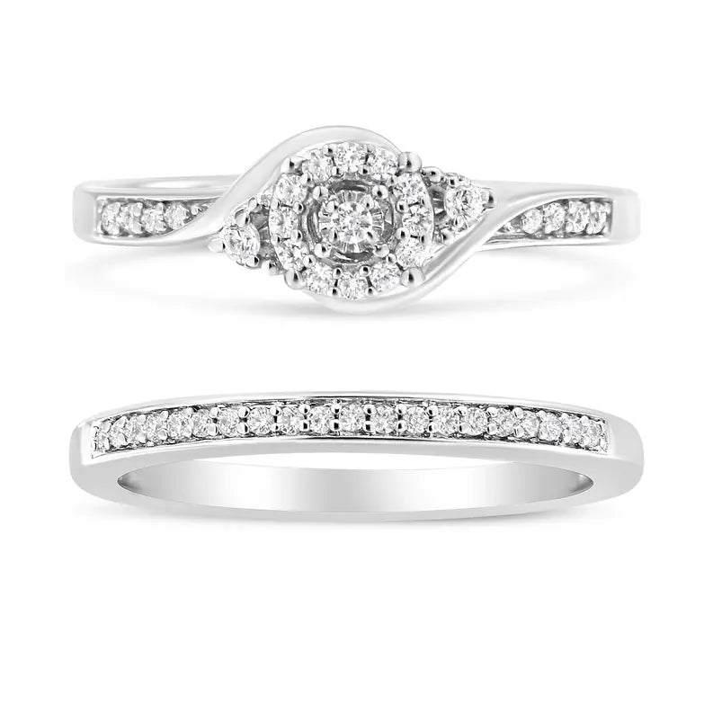 .925 Sterling Silver 1/4 Cttw Diamond Halo and Swirl Engagement Ring and Wedding Band Set (I-J Color, I3 Clarity) Luxcom