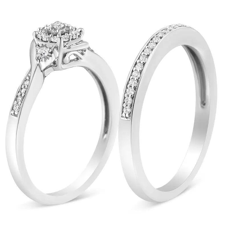 .925 Sterling Silver 1/4 Cttw Diamond Halo and Swirl Engagement Ring and Wedding Band Set (I-J Color, I3 Clarity) Luxcom