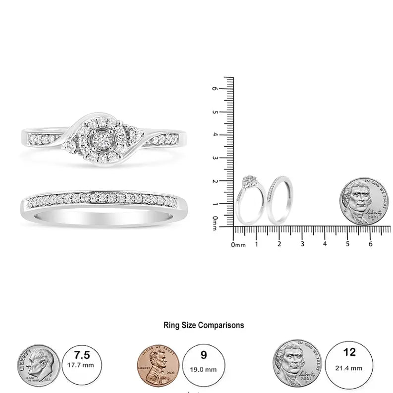.925 Sterling Silver 1/4 Cttw Diamond Halo and Swirl Engagement Ring and Wedding Band Set (I-J Color, I3 Clarity) Luxcom