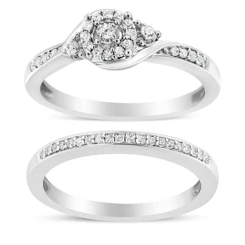 .925 Sterling Silver 1/4 Cttw Diamond Halo and Swirl Engagement Ring and Wedding Band Set (I-J Color, I3 Clarity) Luxcom
