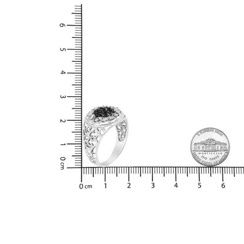 .925 Sterling Silver 1/4 Cttw White and Black Treated Diamond Halo Cluster Ring for Men (I-J Color, I3 Clarity) Luxcom