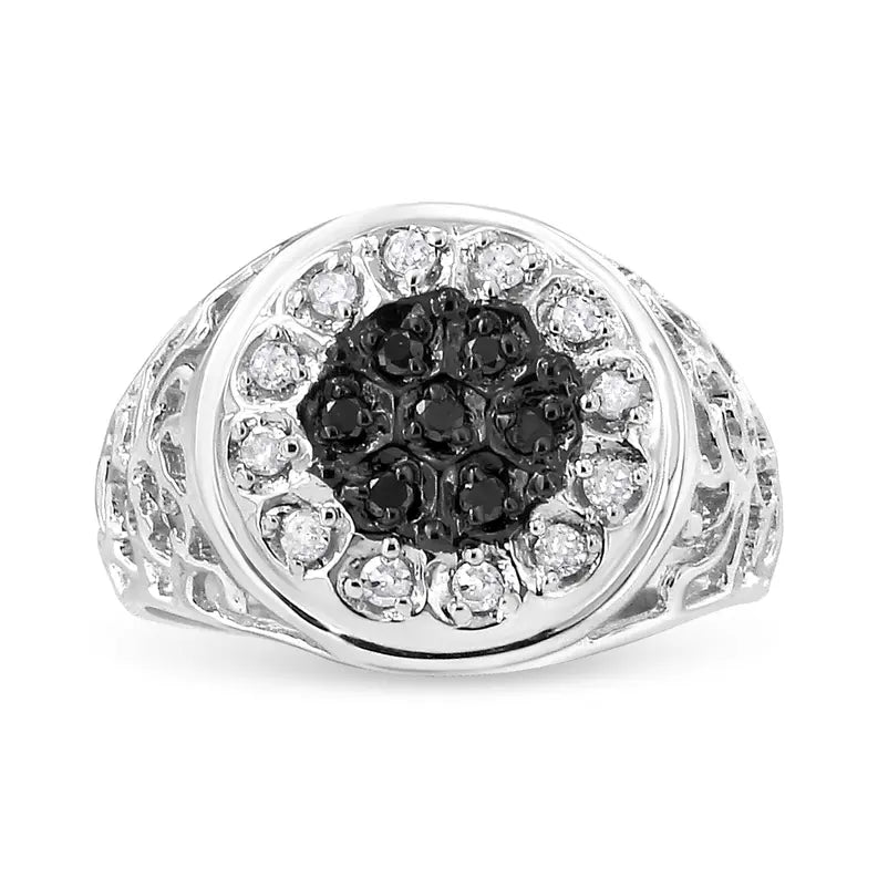 .925 Sterling Silver 1/4 Cttw White and Black Treated Diamond Halo Cluster Ring for Men (I-J Color, I3 Clarity) Luxcom