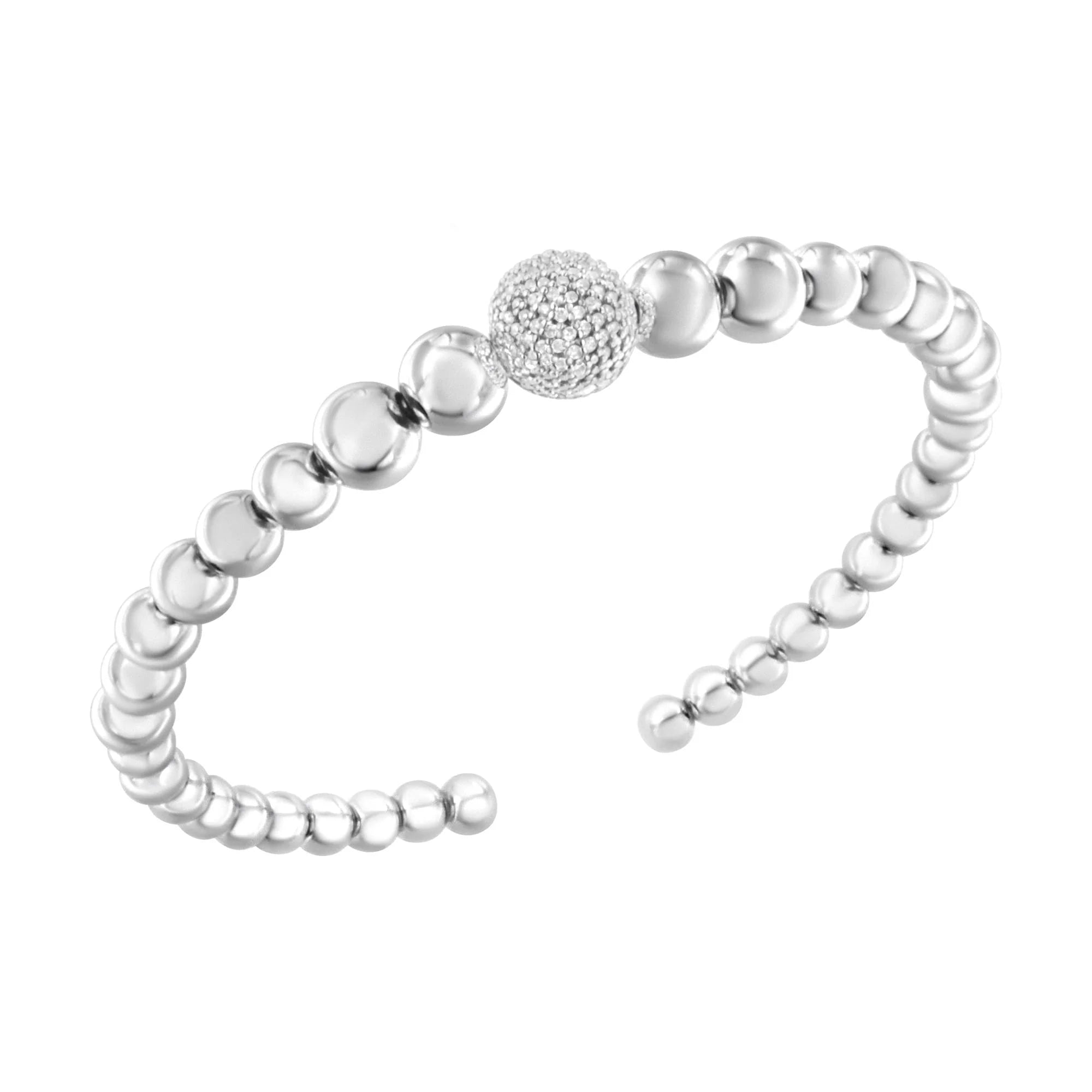.925 Sterling Silver 1/6 Cttw Diamond Rondelle Graduated Ball Bead Cuff Bangle Bracelet (I-J color, I2-I3 clarity) - Fits wrists up to 7 1/2 inches Infinite Jewels