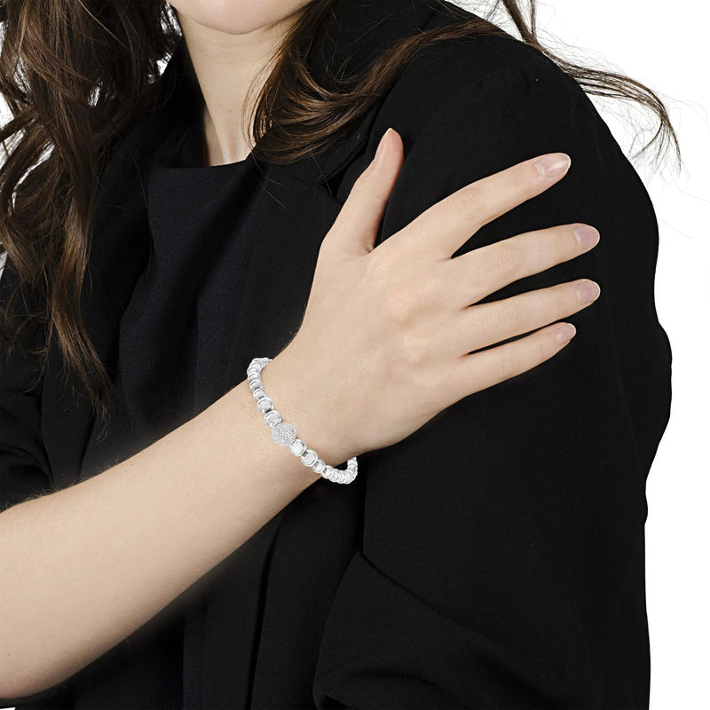 .925 Sterling Silver 1/6 Cttw Diamond Rondelle Graduated Ball Bead Cuff Bangle Bracelet (I-J color, I2-I3 clarity) - Fits wrists up to 7 1/2 inches Infinite Jewels