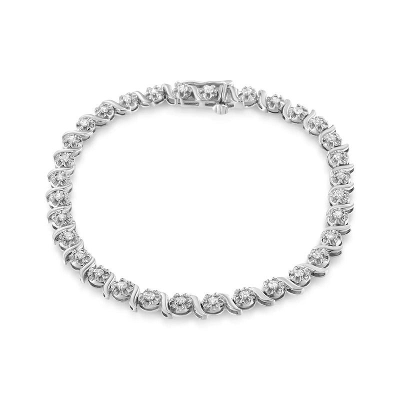 .925 Sterling Silver 1.0 Cttw Diamond Spiral Wave Curved-Link 7" Tennis Bracelet (I-J Color, I3 Clarity) Infinite Jewels