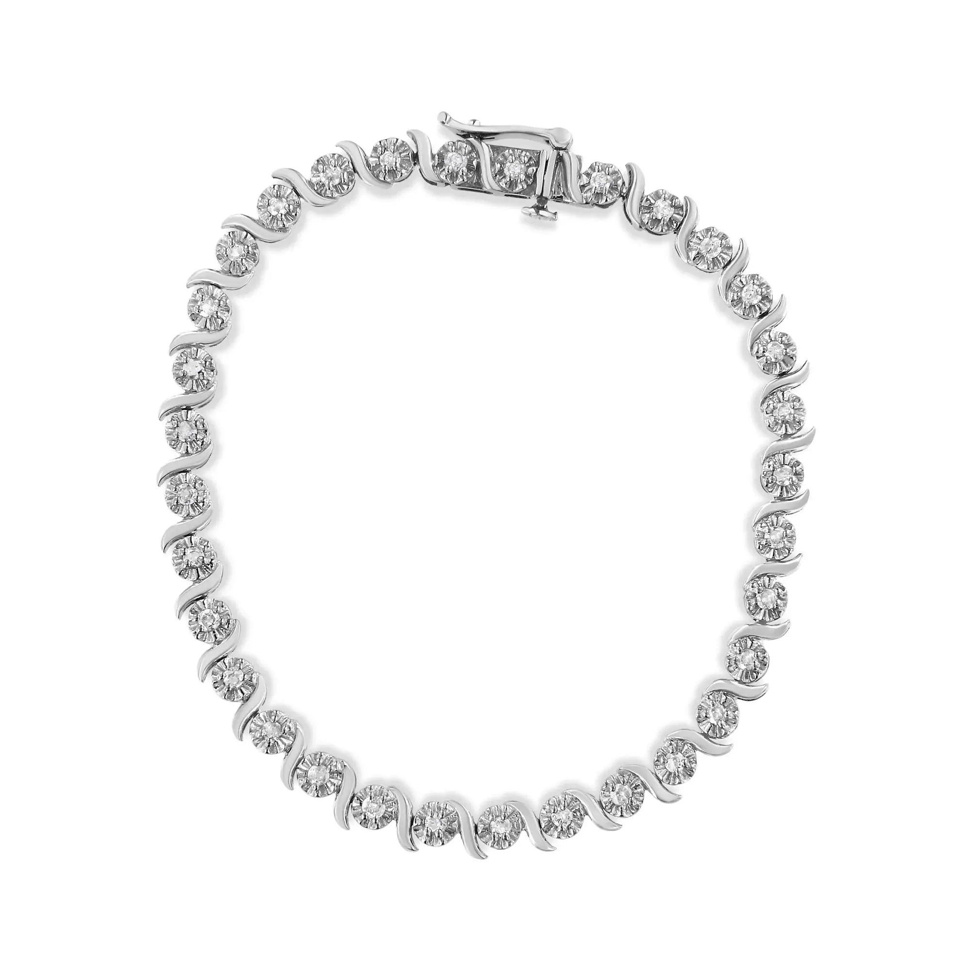 .925 Sterling Silver 1.0 Cttw Diamond Spiral Wave Curved-Link 7" Tennis Bracelet (I-J Color, I3 Clarity) Infinite Jewels
