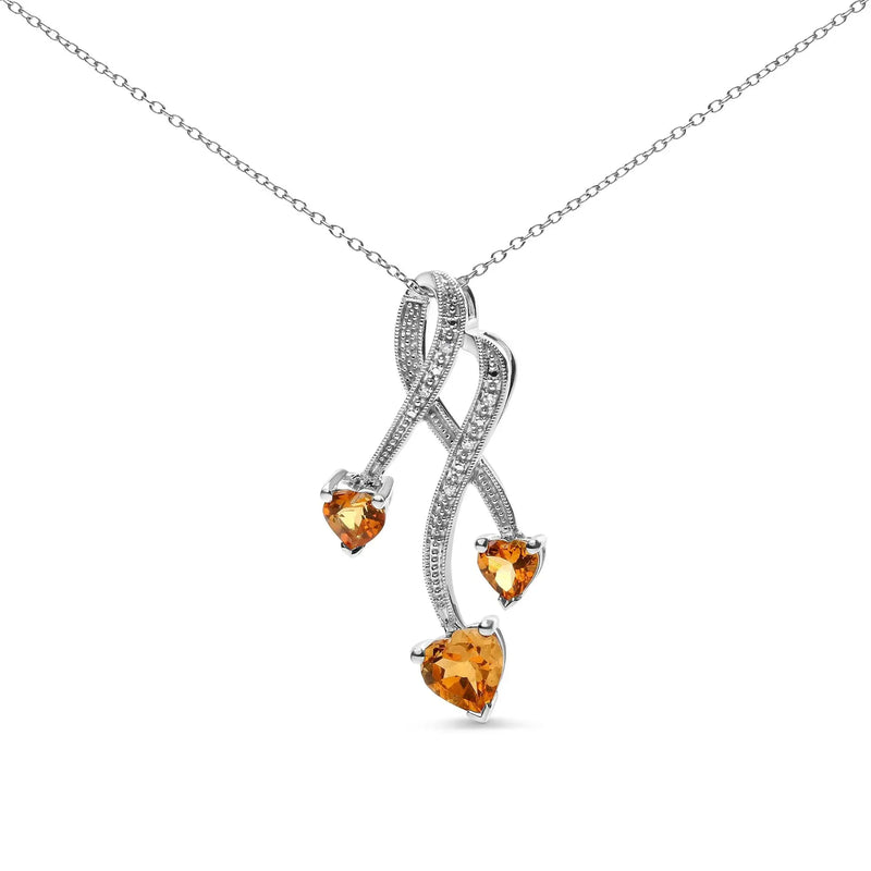 .925 Sterling Silver 3-Stone Heart Shape Citrine and Diamond Accent Spiral Drop 18" Pendant Necklace (H-I Color, SI1-SI2 Clarity) Infinite Jewels