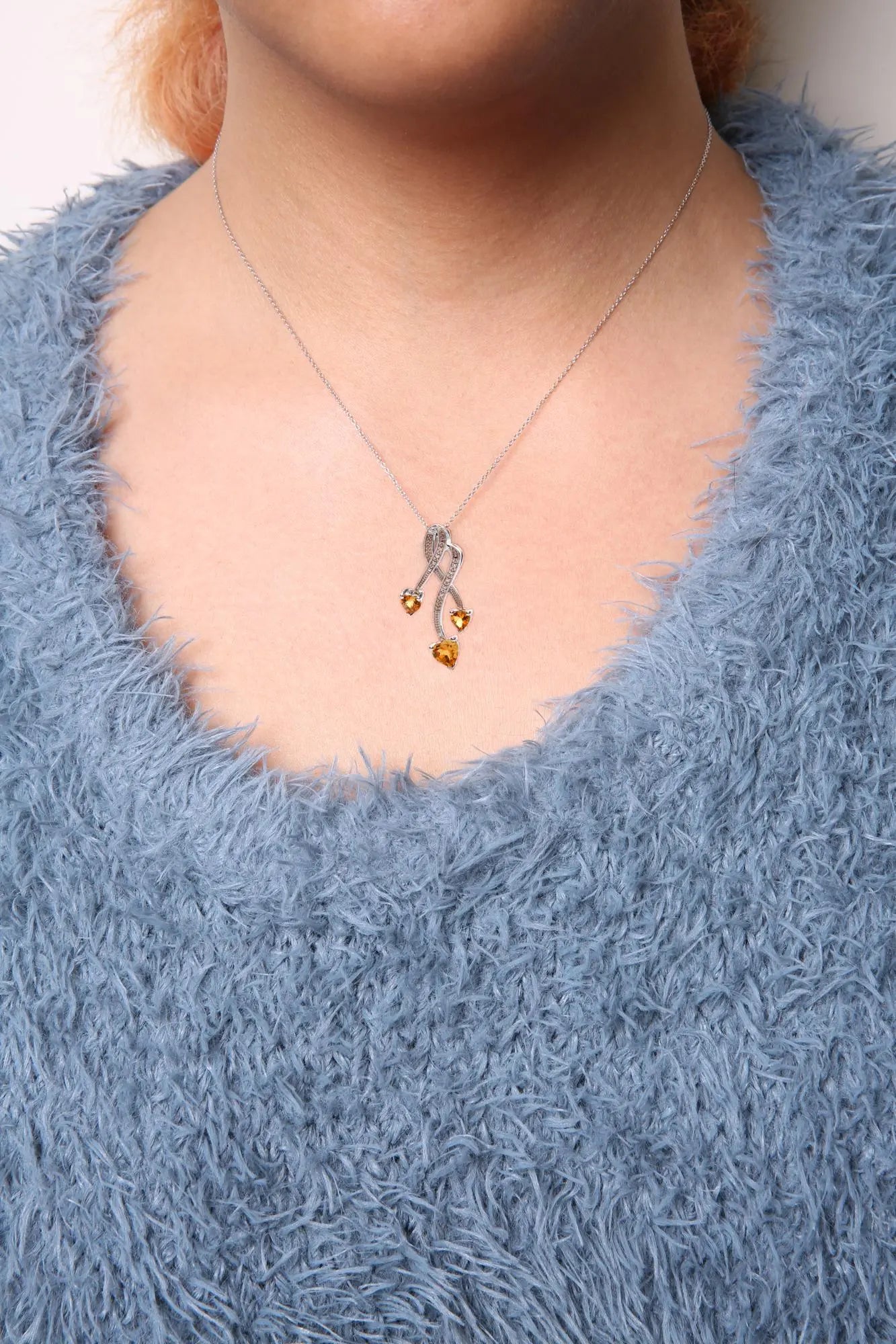 .925 Sterling Silver 3-Stone Heart Shape Citrine and Diamond Accent Spiral Drop 18" Pendant Necklace (H-I Color, SI1-SI2 Clarity) Infinite Jewels