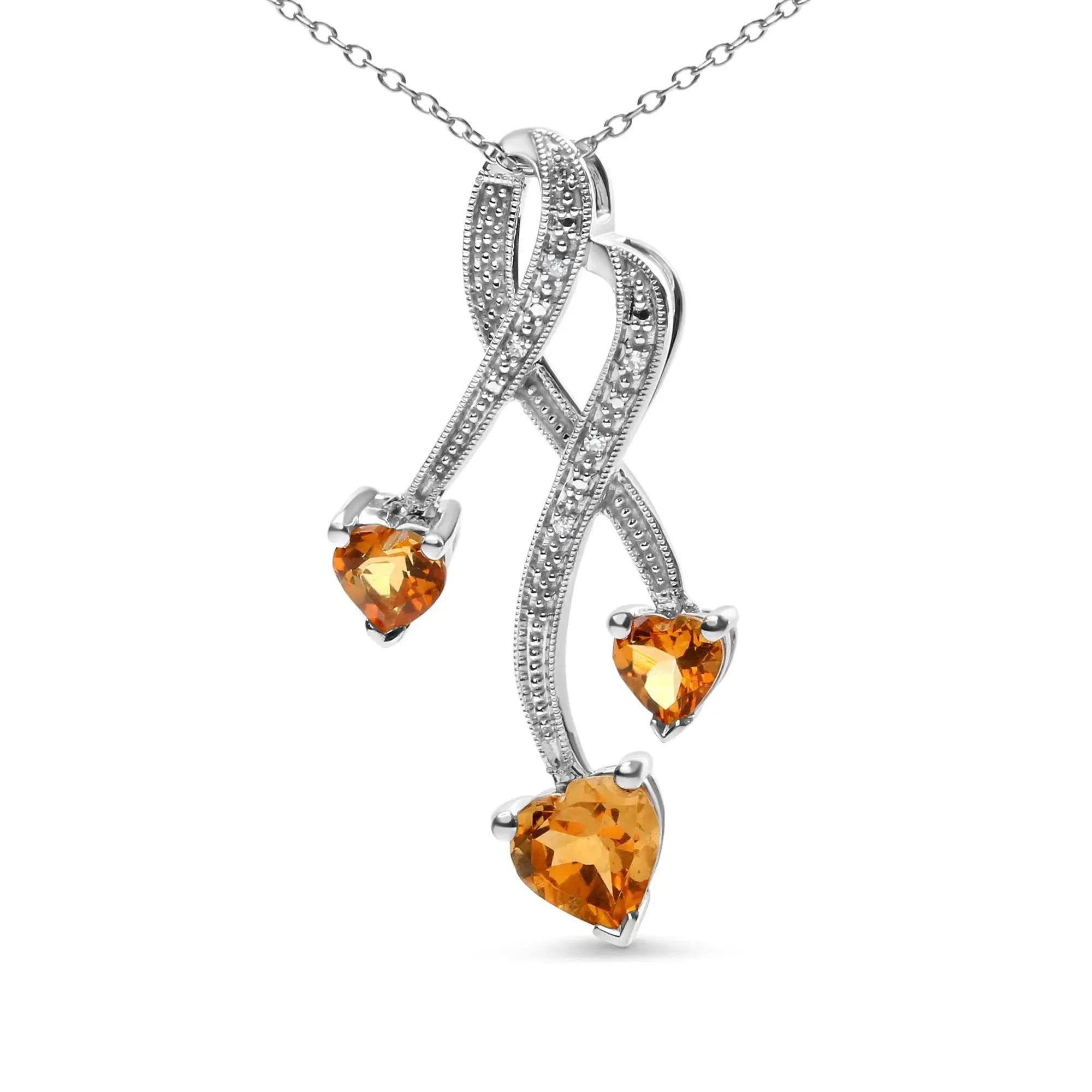 .925 Sterling Silver 3-Stone Heart Shape Citrine and Diamond Accent Spiral Drop 18" Pendant Necklace (H-I Color, SI1-SI2 Clarity) Infinite Jewels