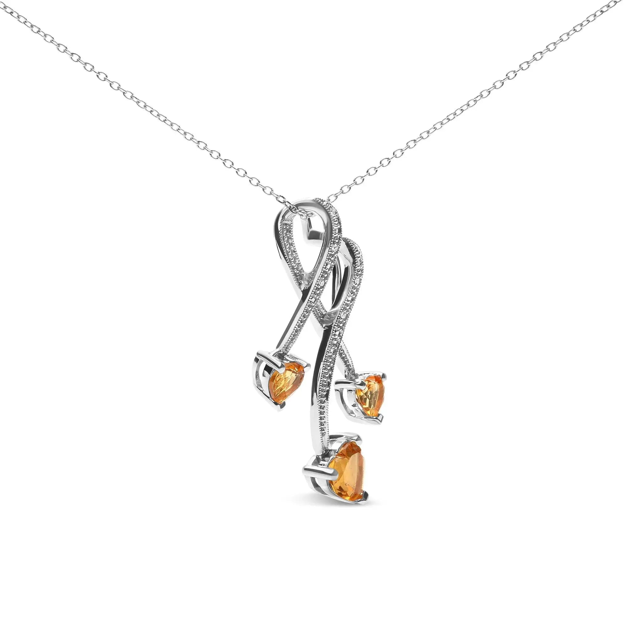 .925 Sterling Silver 3-Stone Heart Shape Citrine and Diamond Accent Spiral Drop 18" Pendant Necklace (H-I Color, SI1-SI2 Clarity) Infinite Jewels