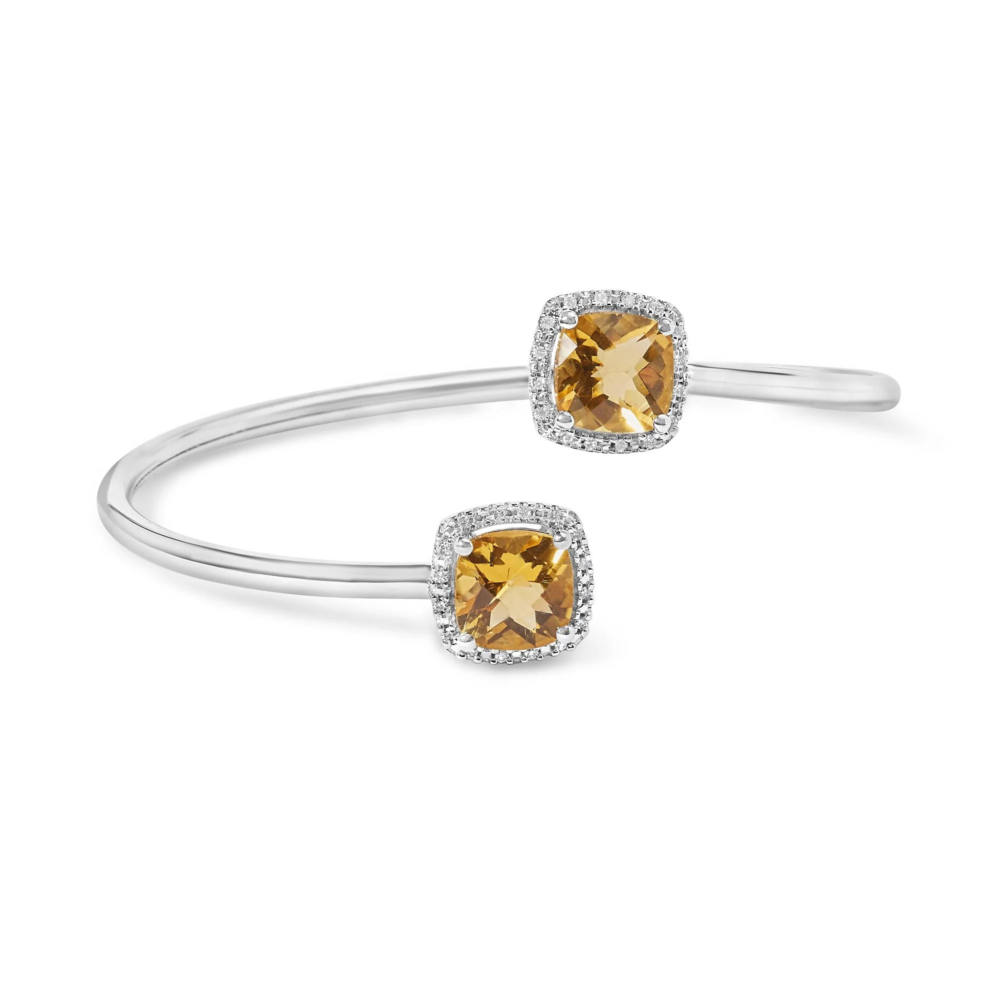 .925 Sterling Silver 8mm Cushion Cut Yellow Citrine Gemstone and Diamond Accent Split Bypass Bangle Bracelet (H-I Color, SI1-SI2 Clarity)  - Fits up to 7.75" Inches Infinite Jewels