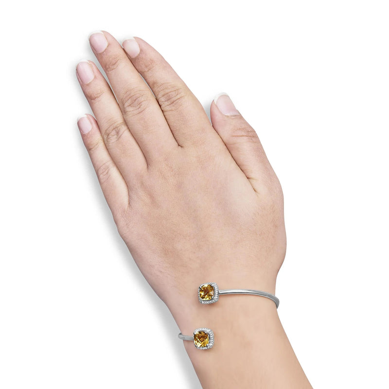 .925 Sterling Silver 8mm Cushion Cut Yellow Citrine Gemstone and Diamond Accent Split Bypass Bangle Bracelet (H-I Color, SI1-SI2 Clarity)  - Fits up to 7.75" Inches Infinite Jewels
