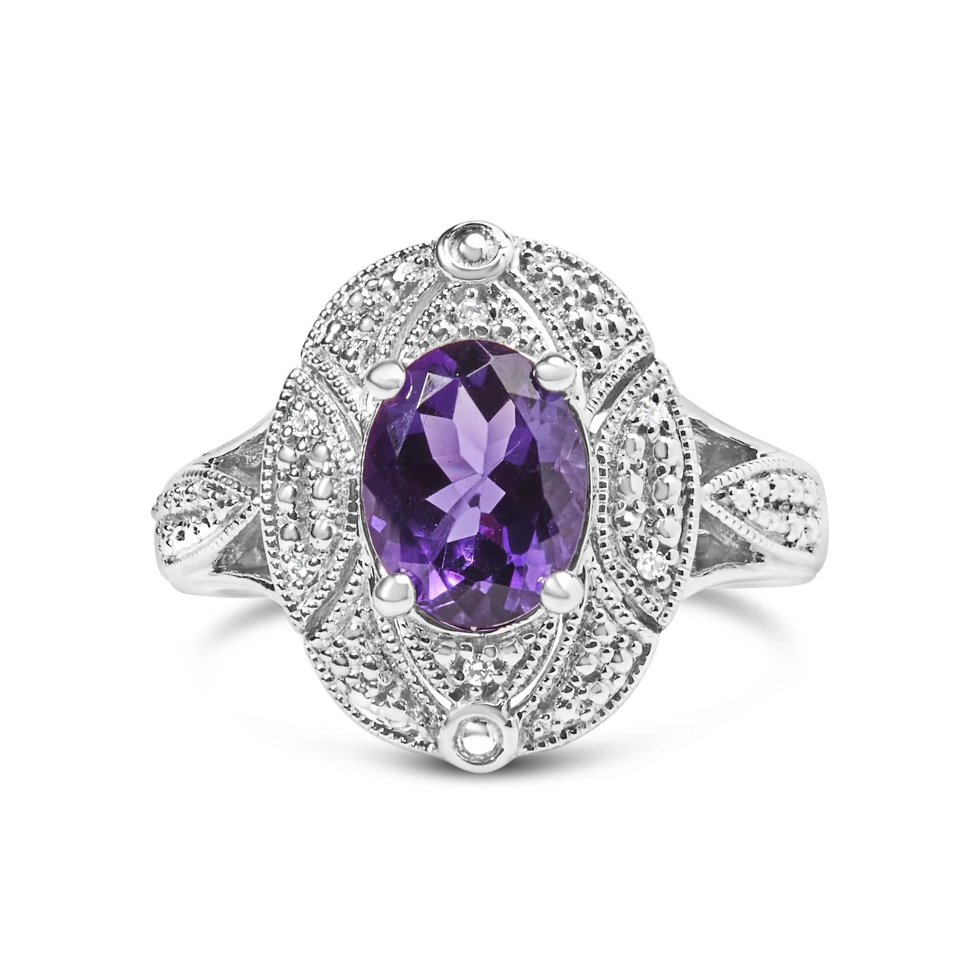 .925 Sterling Silver 9x7mm Oval Purple Amethyst and Round Diamond Accent Fashion Cocktail Ring (I-J Color, I1-I2 Clarity) Infinite Jewels