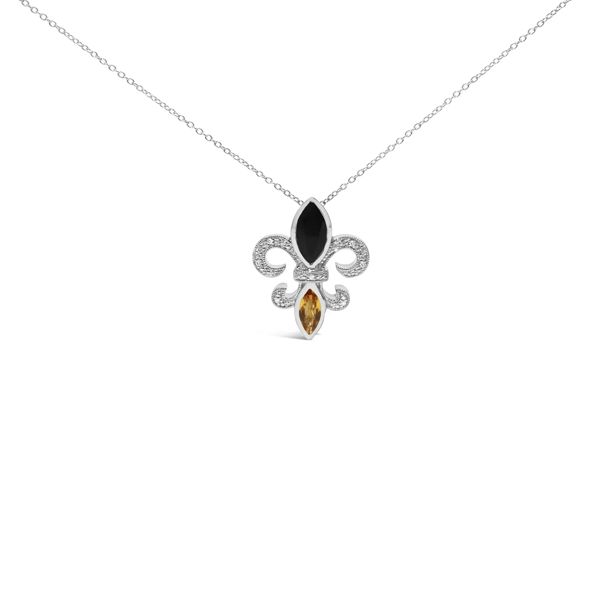 .925 Sterling Silver Marquise Onyx and Citrine and Diamond Accent Fleur De Lis Pendant Necklace (H-I Color, SI1-SI2 Clarity) - 18" Infinite Jewels
