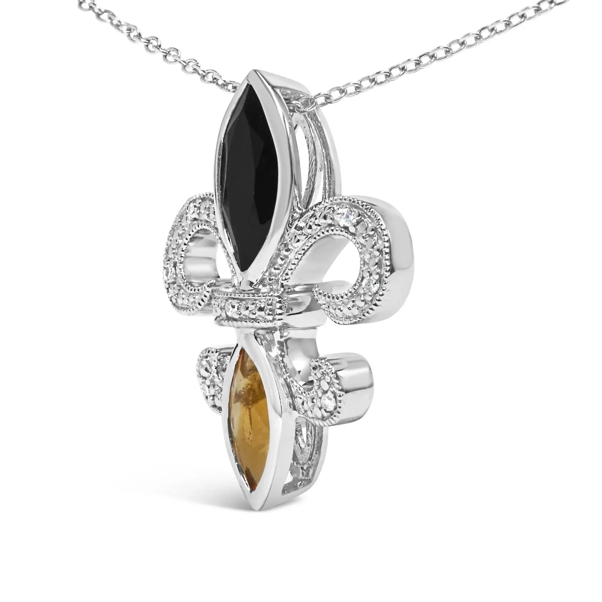 .925 Sterling Silver Marquise Onyx and Citrine and Diamond Accent Fleur De Lis Pendant Necklace (H-I Color, SI1-SI2 Clarity) - 18" Infinite Jewels