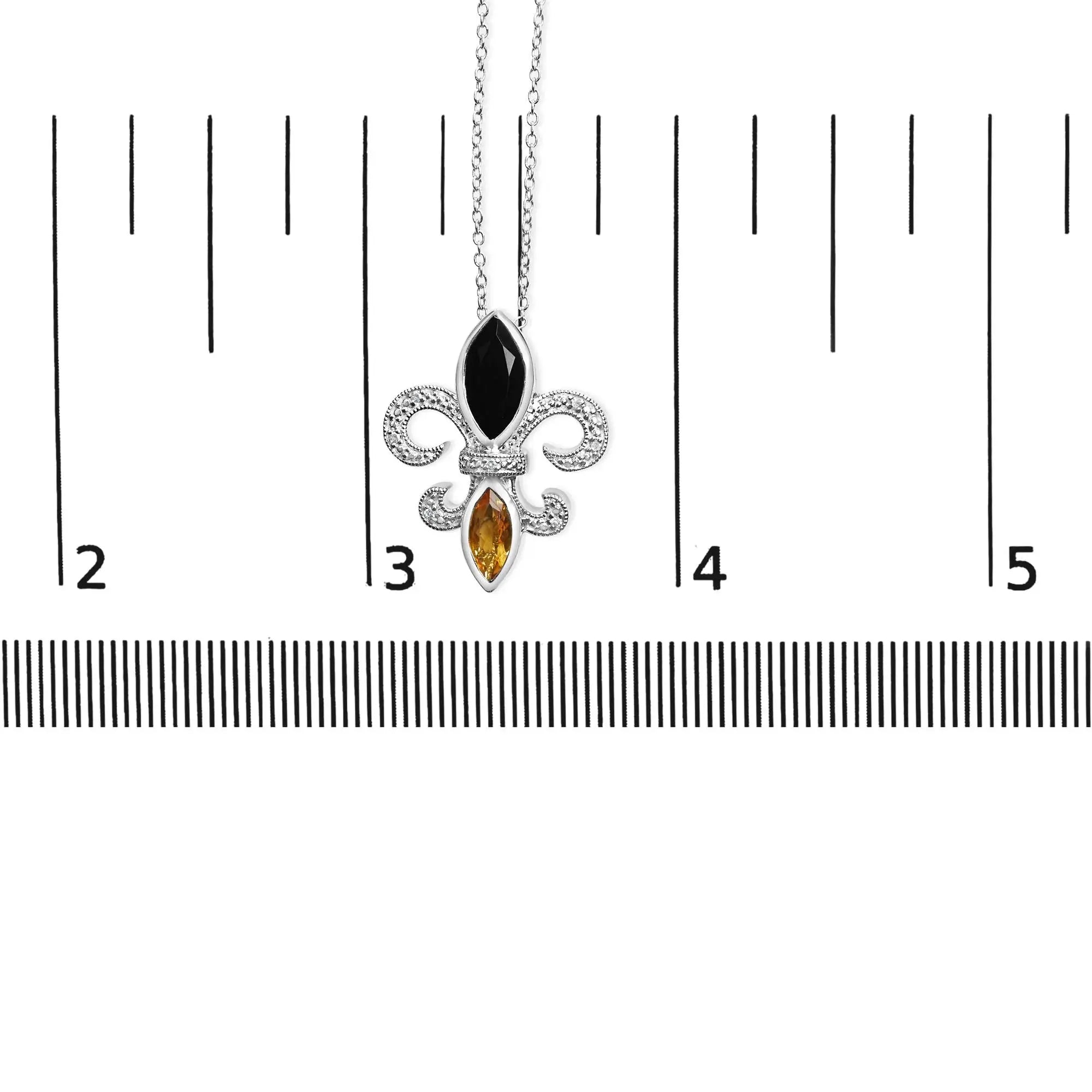 .925 Sterling Silver Marquise Onyx and Citrine and Diamond Accent Fleur De Lis Pendant Necklace (H-I Color, SI1-SI2 Clarity) - 18" Infinite Jewels