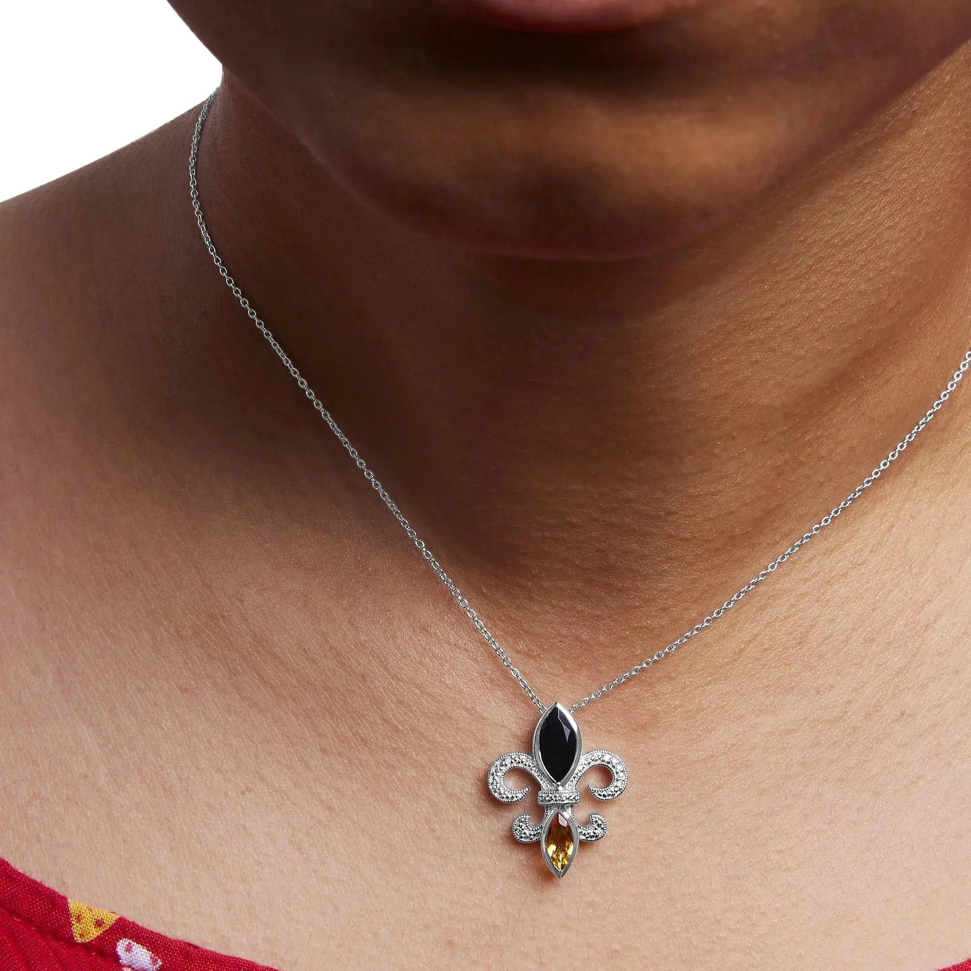.925 Sterling Silver Marquise Onyx and Citrine and Diamond Accent Fleur De Lis Pendant Necklace (H-I Color, SI1-SI2 Clarity) - 18" Infinite Jewels