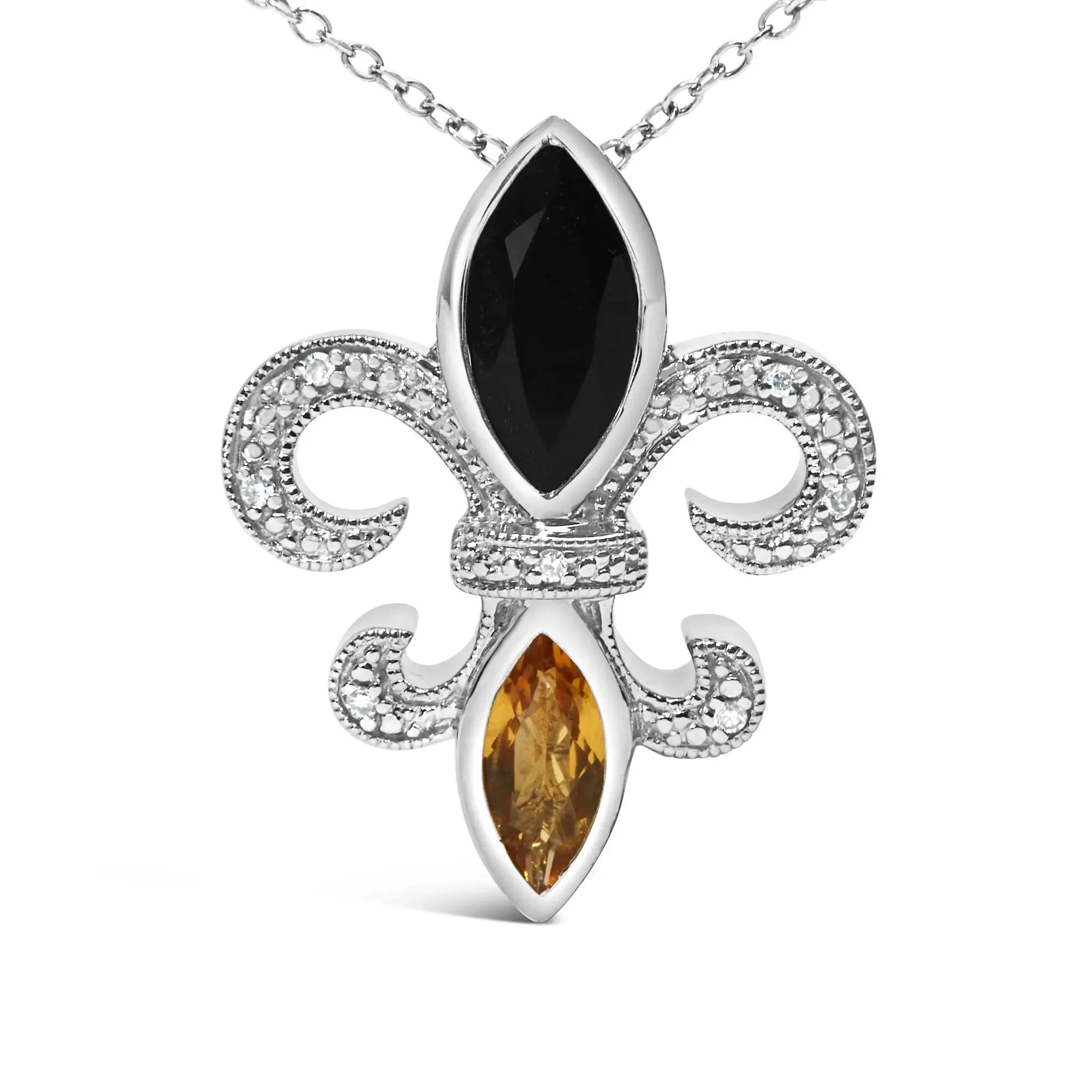 .925 Sterling Silver Marquise Onyx and Citrine and Diamond Accent Fleur De Lis Pendant Necklace (H-I Color, SI1-SI2 Clarity) - 18" Infinite Jewels