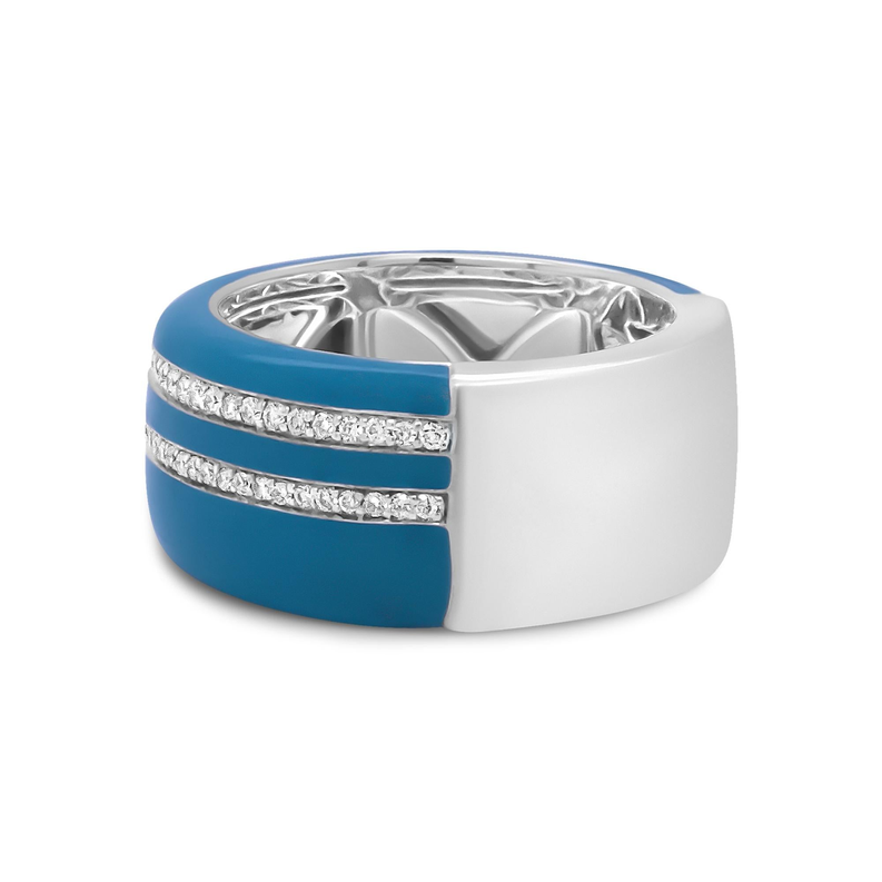 .925 Sterling Silver Turquoise Enamel 5/8 Cttw Round Diamond Wide Band Statement Ring (F-G Color, VS1-VS2 Clarity) Luxcom