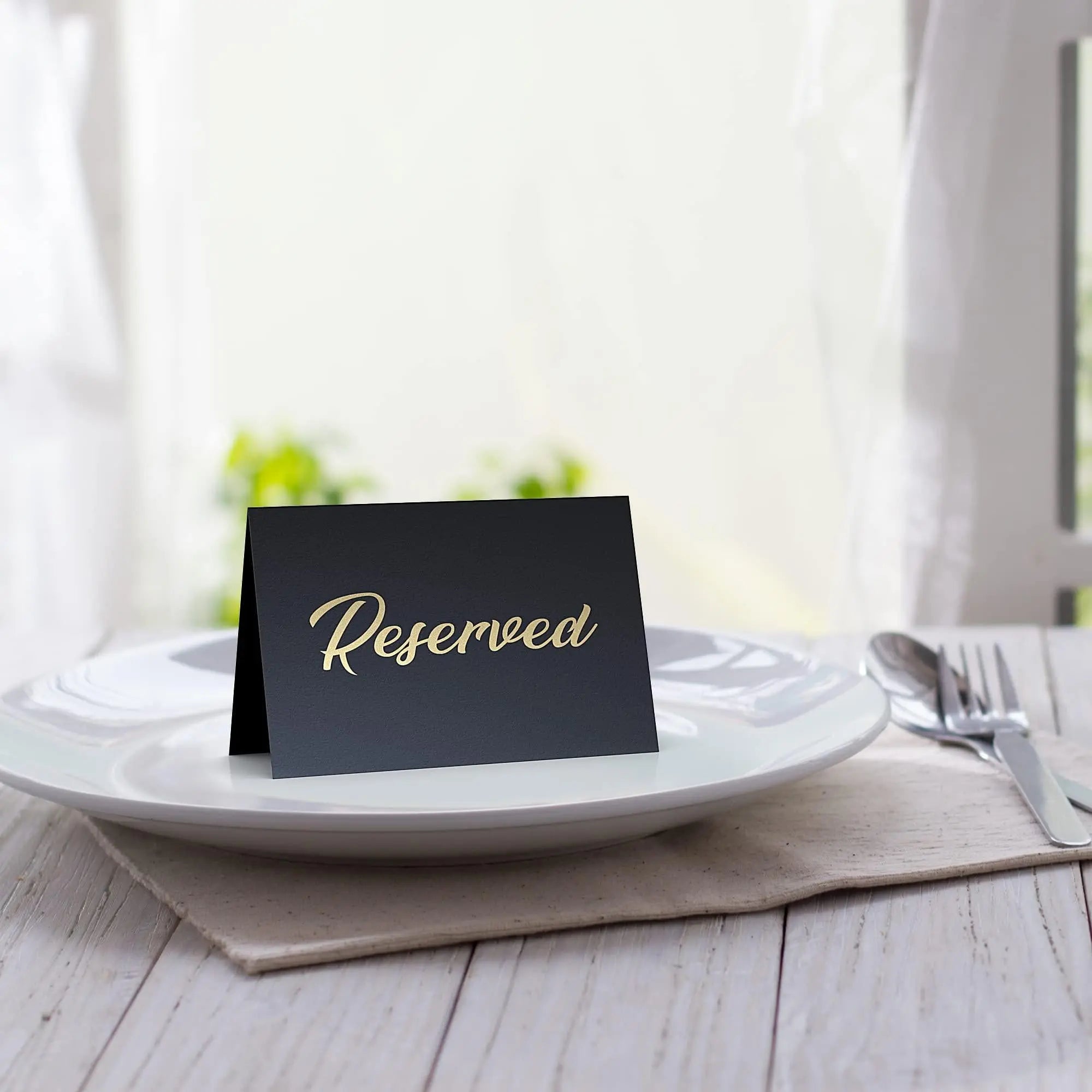 10 Pack Black Reserved Table Signs for Wedding   Gold Foil Reserved Seating Signs for Wedding Chairs   Church Pews   Double Sided Cardstock Reserved Signs for Tables   Table Tent Reservation Cards Iricus