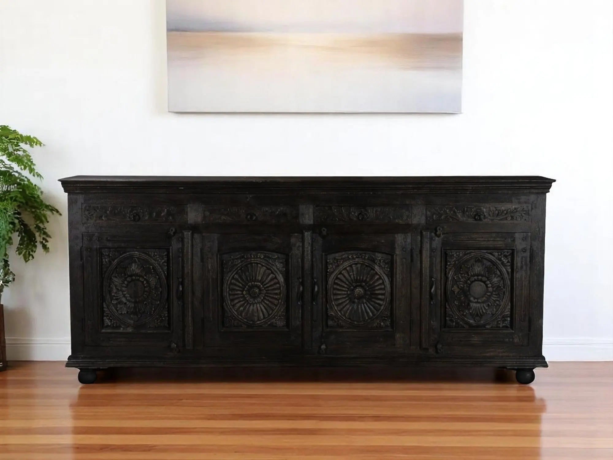 102" Black Distressed Solid Wood Carved Floral Four Drawer Sideboard With Four Doors Homeroots Kitchen & Dining