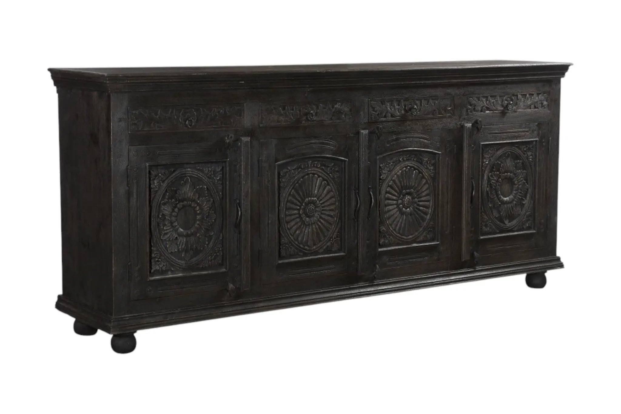 102" Black Distressed Solid Wood Carved Floral Four Drawer Sideboard With Four Doors Homeroots Kitchen & Dining