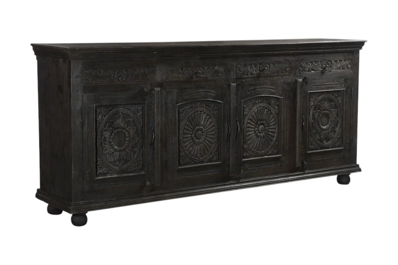 102" Black Distressed Solid Wood Carved Floral Four Drawer Sideboard With Four Doors Homeroots Kitchen & Dining