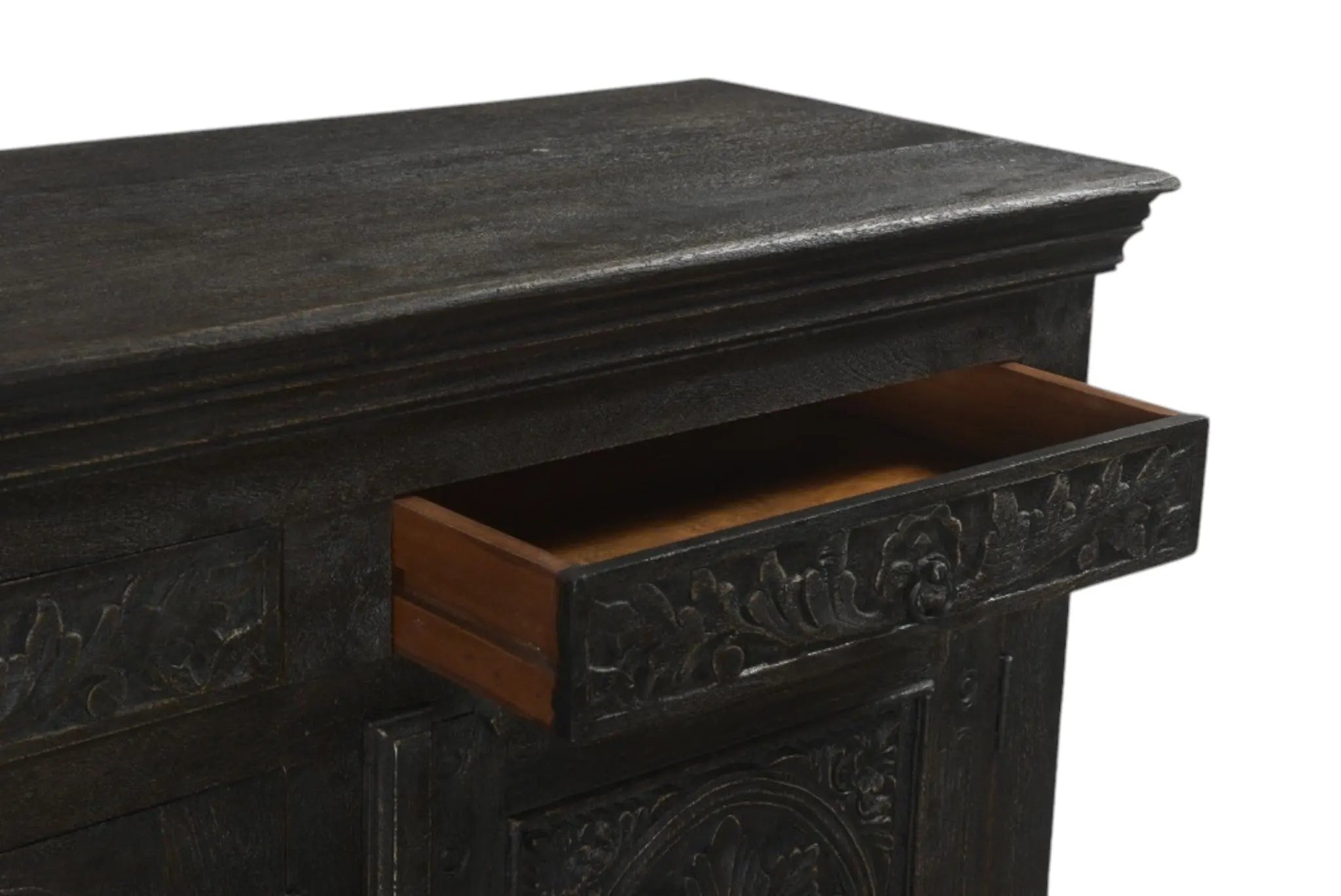 102" Black Distressed Solid Wood Carved Floral Four Drawer Sideboard With Four Doors Homeroots Kitchen & Dining