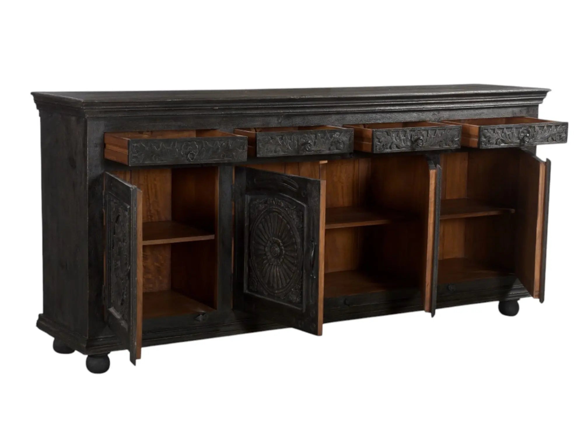102" Black Distressed Solid Wood Carved Floral Four Drawer Sideboard With Four Doors Homeroots Kitchen & Dining