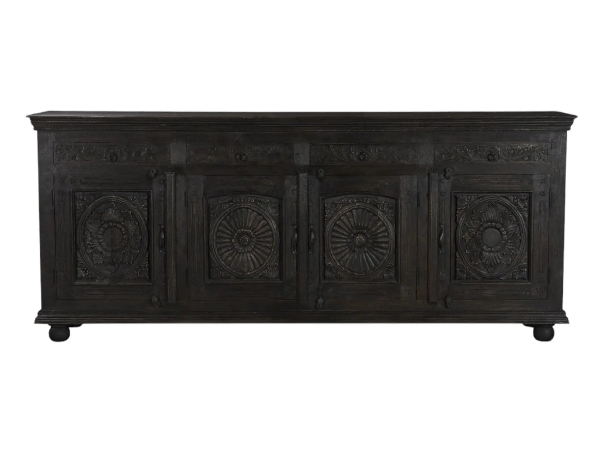 102" Black Distressed Solid Wood Carved Floral Four Drawer Sideboard With Four Doors Homeroots Kitchen & Dining