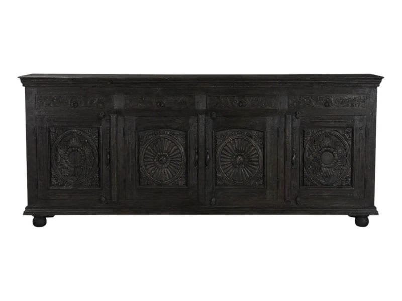 102" Black Distressed Solid Wood Carved Floral Four Drawer Sideboard With Four Doors Homeroots Kitchen & Dining