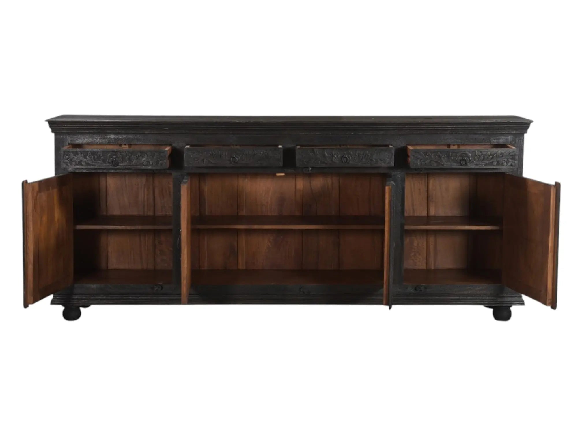 102" Black Distressed Solid Wood Carved Floral Four Drawer Sideboard With Four Doors Homeroots Kitchen & Dining