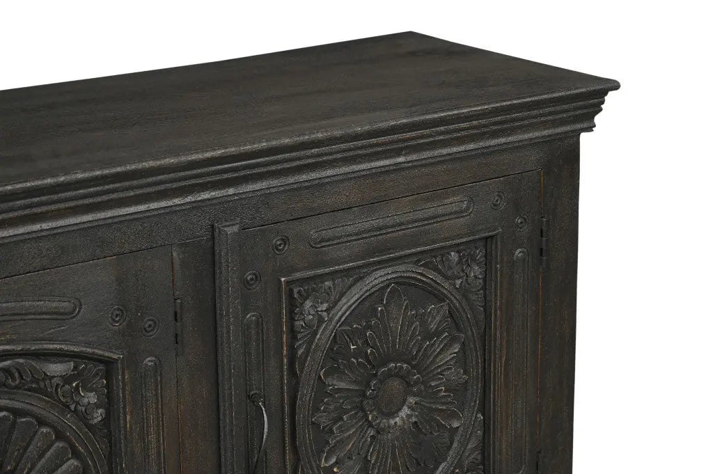 102" Black Distressed Solid Wood Carved Floral Sideboard With Four Doors Homeroots Kitchen & Dining
