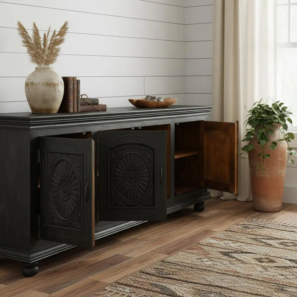 102" Black Distressed Solid Wood Carved Floral Sideboard With Four Doors Homeroots Kitchen & Dining
