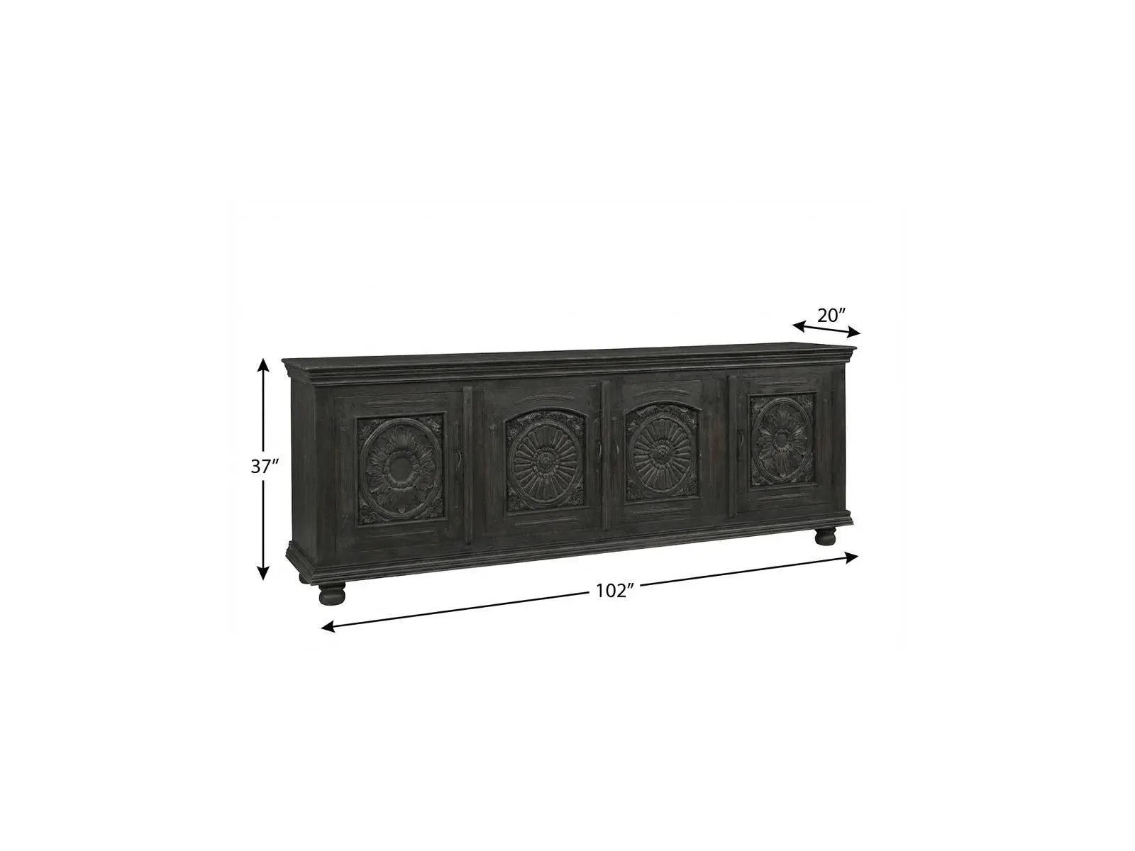 102" Black Distressed Solid Wood Carved Floral Sideboard With Four Doors Homeroots Kitchen & Dining