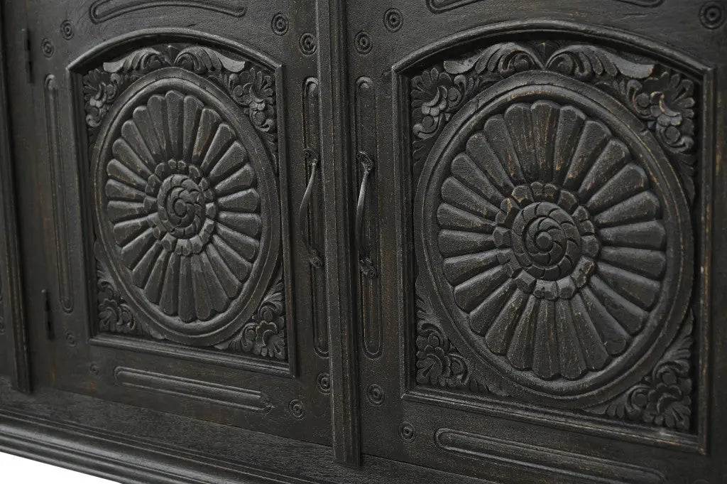 102" Black Distressed Solid Wood Carved Floral Sideboard With Four Doors Homeroots Kitchen & Dining