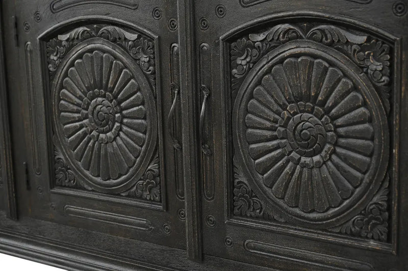 102" Black Distressed Solid Wood Carved Floral Sideboard With Four Doors Homeroots Kitchen & Dining
