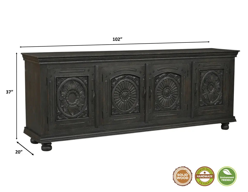 102" Black Distressed Solid Wood Carved Floral Sideboard With Four Doors Homeroots Kitchen & Dining