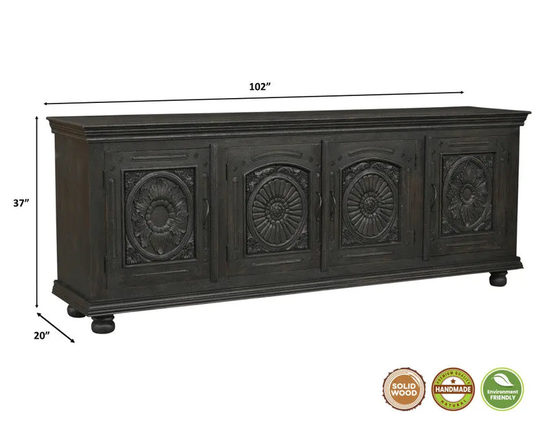 102" Black Distressed Solid Wood Carved Floral Sideboard With Four Doors Homeroots Kitchen & Dining