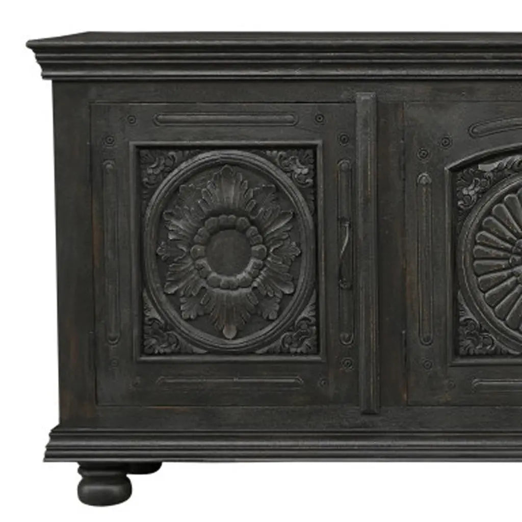 102" Black Distressed Solid Wood Carved Floral Sideboard With Four Doors Homeroots Kitchen & Dining