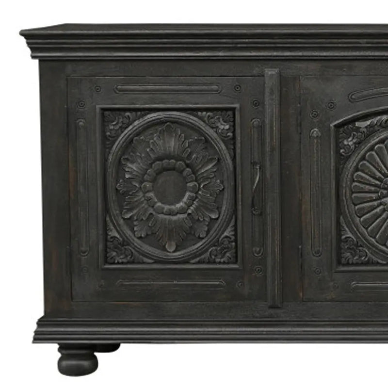 102" Black Distressed Solid Wood Carved Floral Sideboard With Four Doors Homeroots Kitchen & Dining